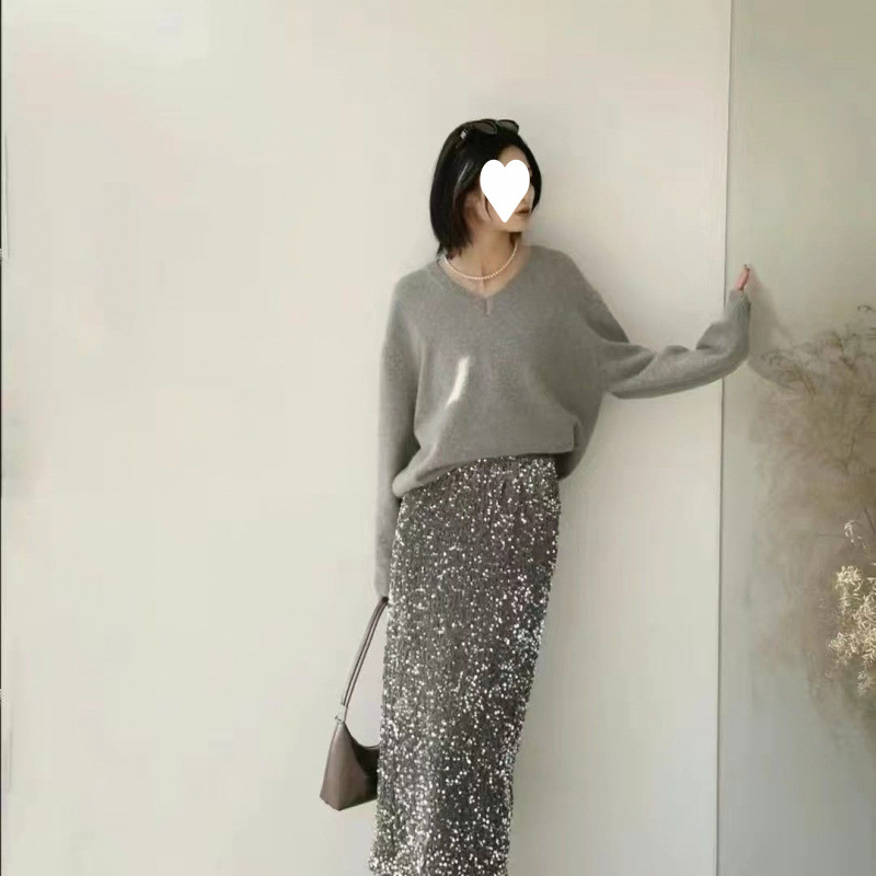 plus size Sparkling Sequin Skirt Spring Summer Autumn Mid-Length Straight Hip Skirt High Waist Hip Covering Slim A- Line Long Skirt