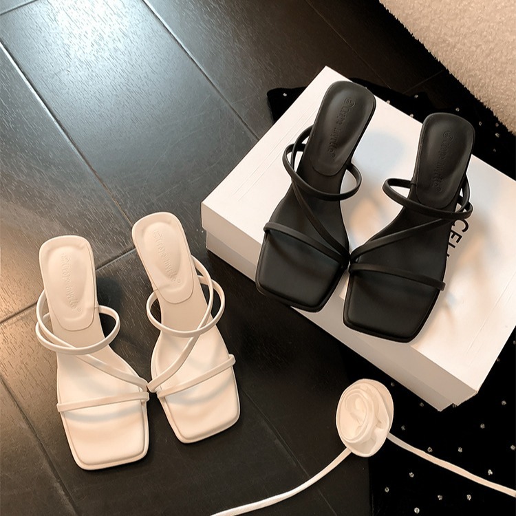 Cowhide Version of the Same Style, Seoul Sister~ Summer Elegant Square-Toed Transparent Open-Toe Mid-Heel Sandals for Women, Genuine Leather