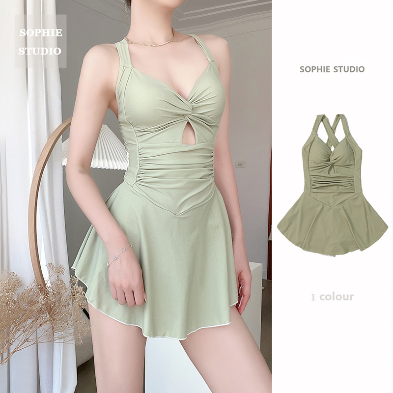 2025 New Swimsuit Women's Summer Skirt Style Sexy Belly Covering Slimming Girl One-Piece Conservative Small Breast Push up Hot Spring