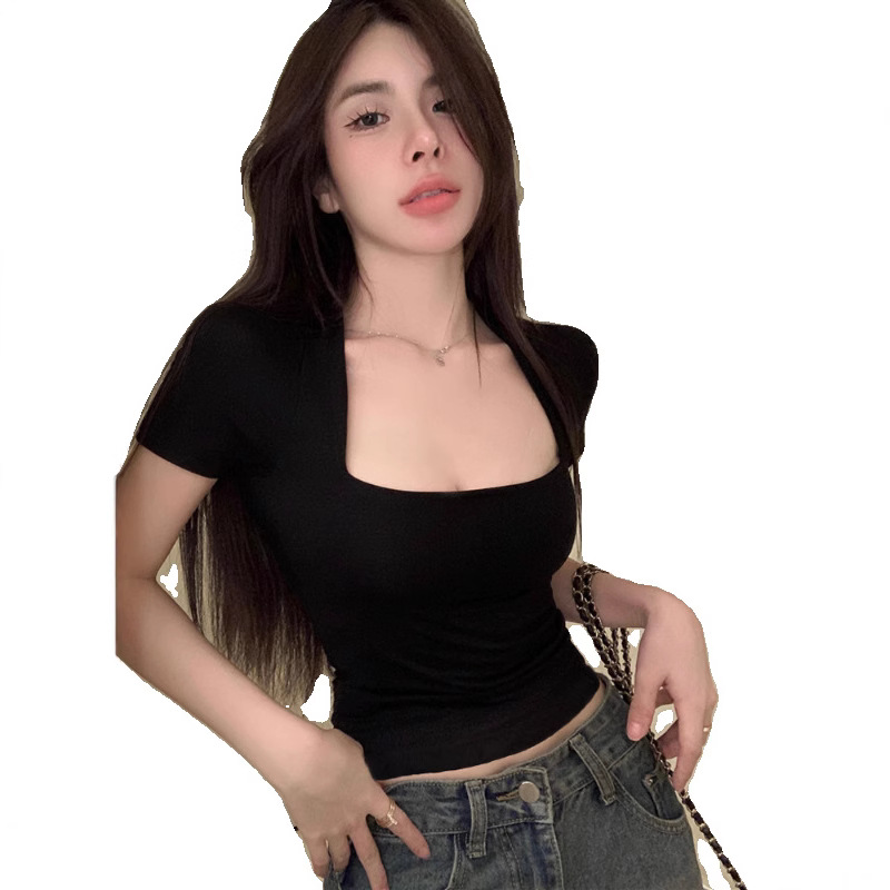 Picture of Short-sleeved T-shirt Women's 2025 Summer New French U-shaped Square Collar Short Top for Students Slim-fit Slimming Low-collar Trendy