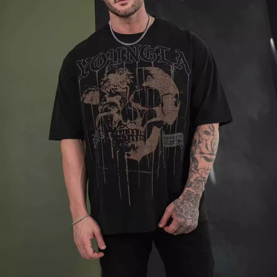 Cross-border Foreign Trade Summer American Skull Short-sleeved Loose T-shirt Men's Cotton Round Neck Fitness Running Leisure Sports Short-sleeved