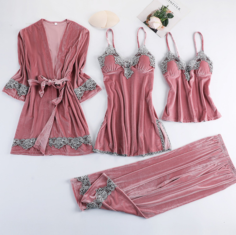 2023 cross-border Amazon Europe and the United States new recommend gold velvet sexy four-piece robe sexy underwear manufacturers