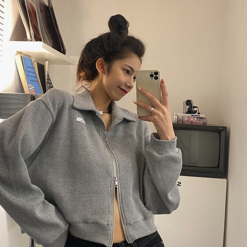 Zipper sports waffle coat women's spring autumn all-match cardigan 2024 new hot girl short top clothes