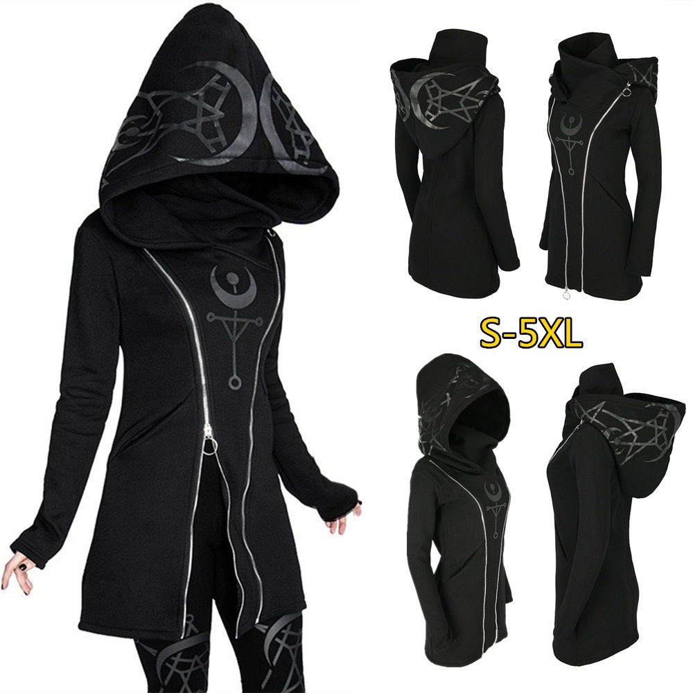 Picture of in stock 2019 European and American punk style printed long sleeve hooded double zipper long sweater