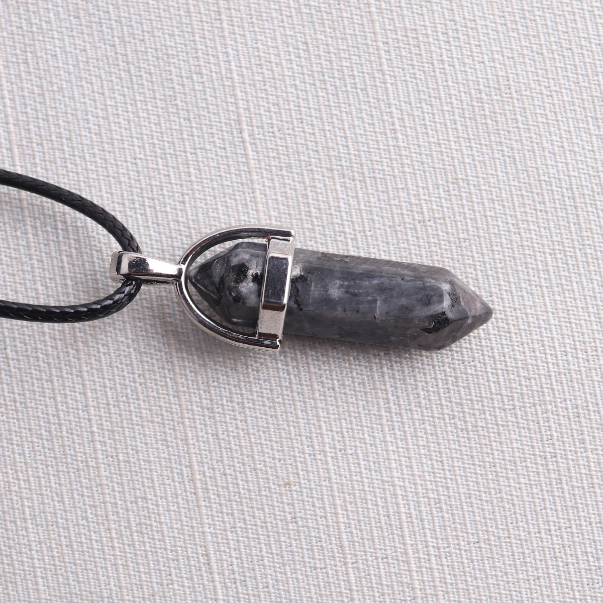 Picture of Natural Stone Hexagonal Pendant European and American Natural Crystal Hexagonal Prism Bullet Hexahedral Black Wax Rope Necklace
