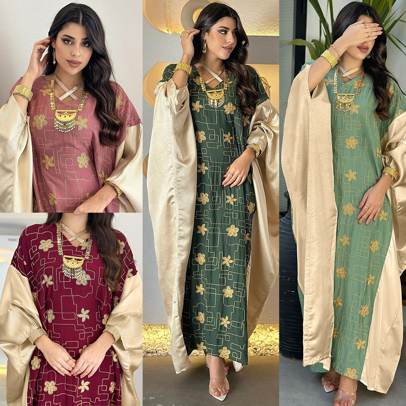 AB391 Arab Dubai Muslim women's embroidery color matching dress fashion jalabiya foreign trade e-commerce