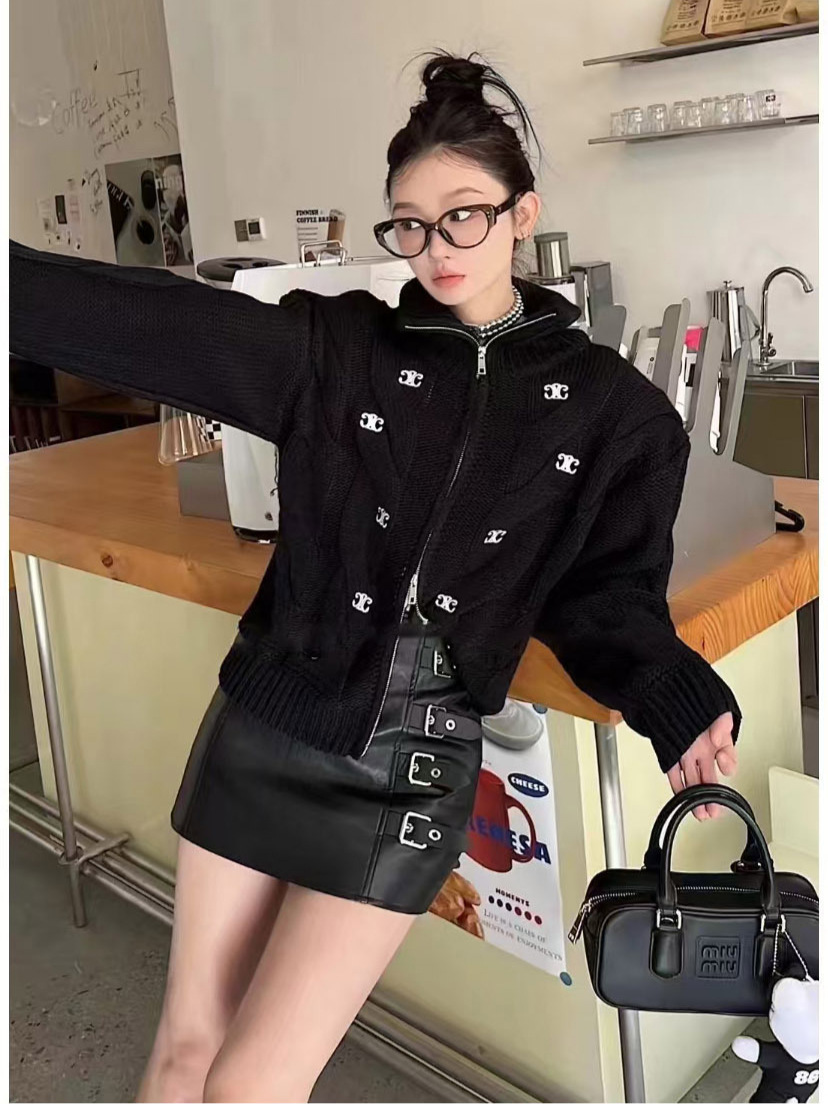 Autumn and Winter High Collar Letter Multi-Label Embroidered Sweater Jacket Women's New Elegant Casual Double Zipper Knitted Cardigan Top