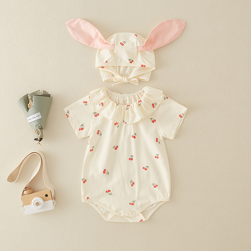 Baby Summer Clothes Thin Wrap Fart Clothes Newborn Baby Girl Jumpsuit Princess Full Moon Har Clothes Cherry Climbing Clothes