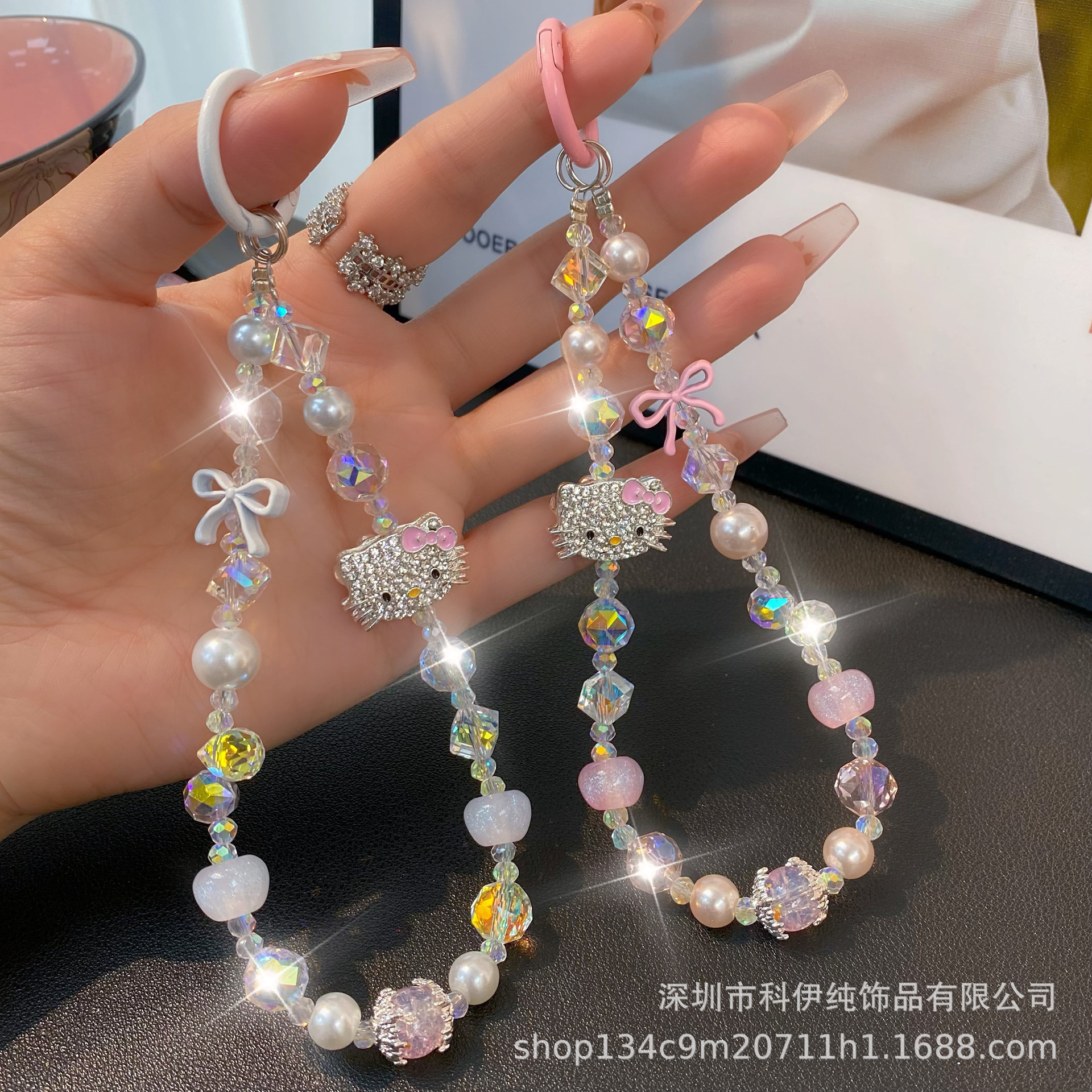 Picture of Sweet Diamond-encrusted Cat Bow Mobile Phone Chain Ins Style Crystal Pearl Beaded Bag Keychain Mobile Phone Lanyard