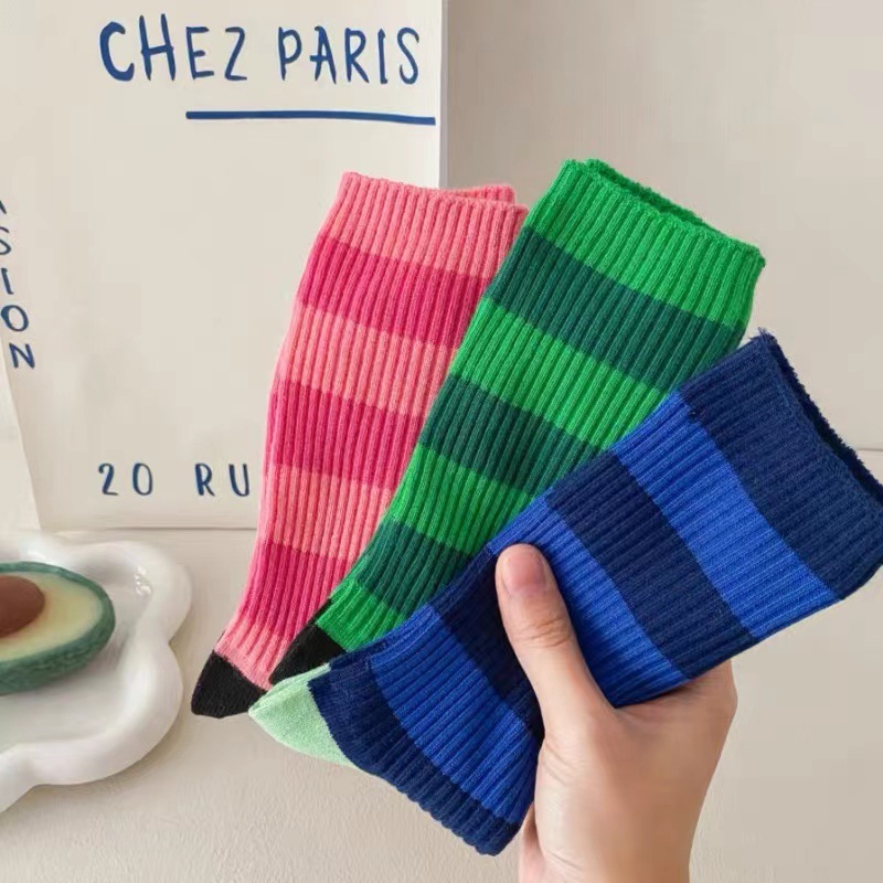 The Raspberry Pink Is so White! Striped Color Matching Socks for Women Ins Trendy Autum New Japanese Style Girls Versatile Pile Socks