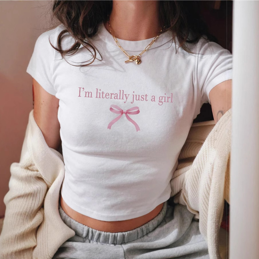 Summer New Slim Fit Women's Summer Slogan Bow Detail Printed Round Neck Short Sleeve Casual T-Shirt
