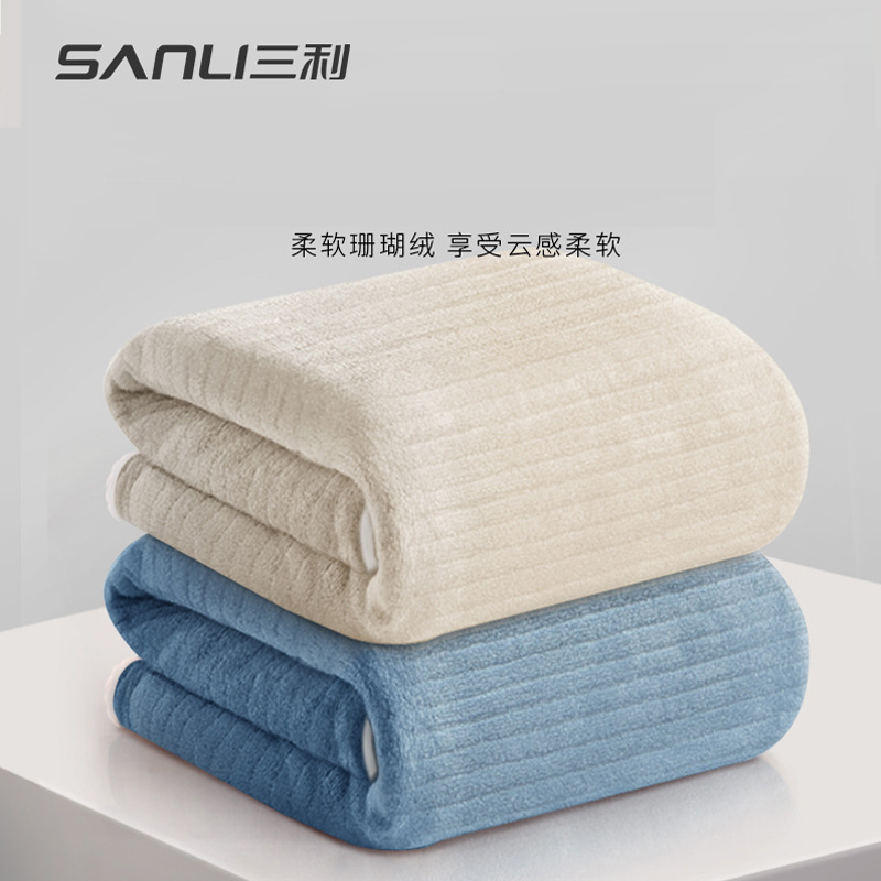 Picture of Sanli Towel Coral Fleece Bath Towel Adult Bath Towel Thickened Striped Bath Towel Wrap Bath Towel Couples Wearing Bath Towel