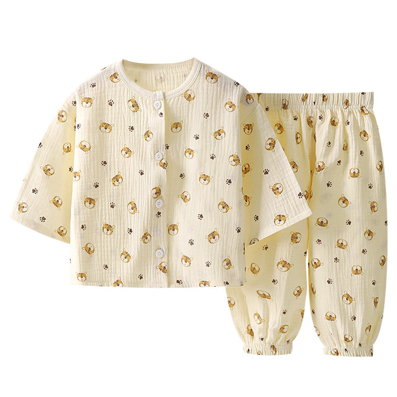 Picture of Children's thin double-layer cotton gauze boys' pajamas summer Girls' Home wear boys' long-sleeved bloomers suit