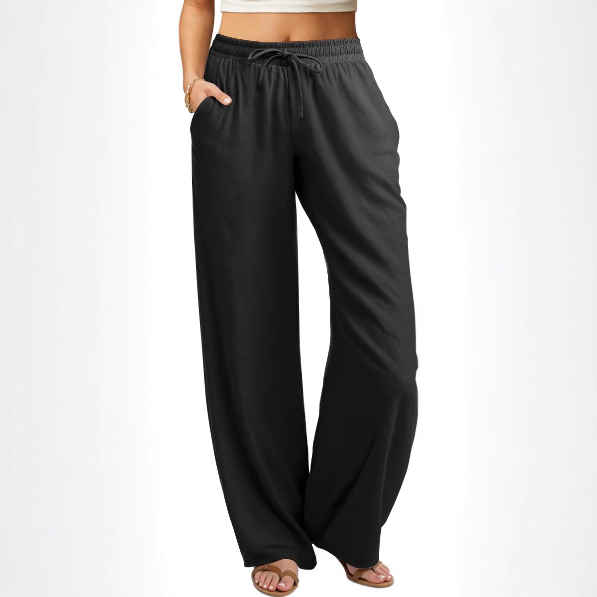 2025 Amazon Cross-Border European and American Spring and Summer New Women's Beach Pants Breathable High-Waisted Lace-Up Loose Wide-Leg Pants
