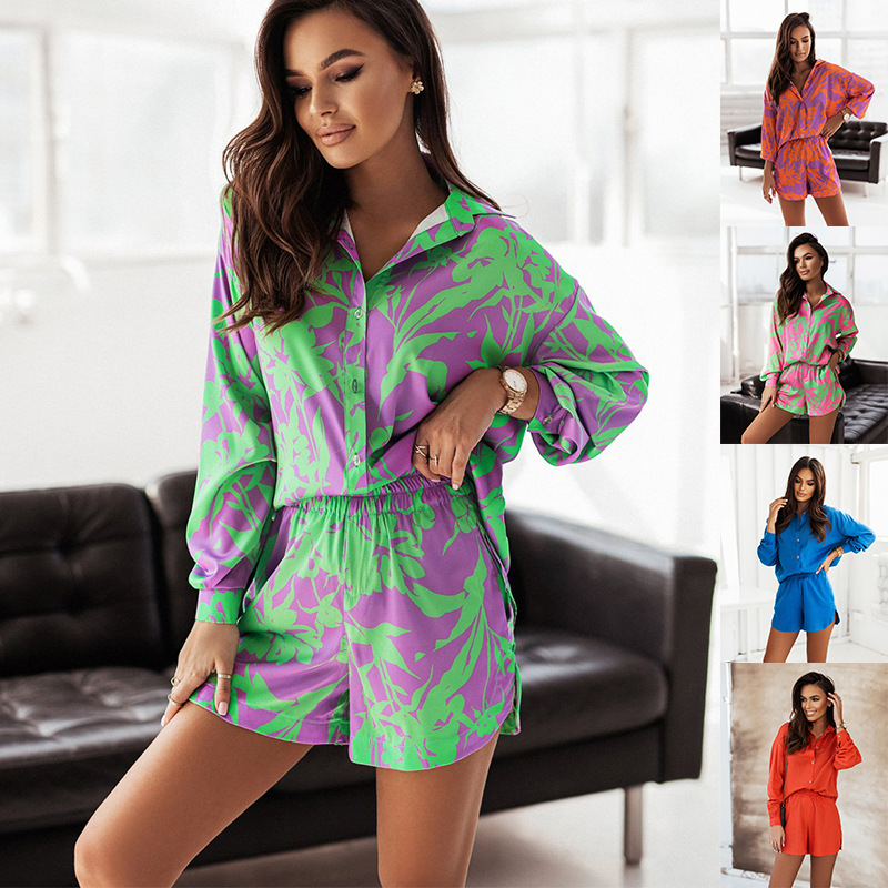 2022 wish cross-border foreign trade ladies multi-color vacation style leisure shirt shorts suit in stock