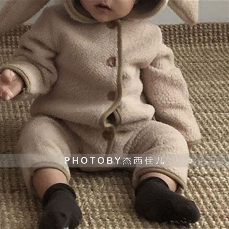Picture of Ins Korean Style Baby Boys and Girls Winter Clothes New Style Jompsuit Cute Rabbit Ear Lamb Wool Hooded Climbing Clothes for Going Out