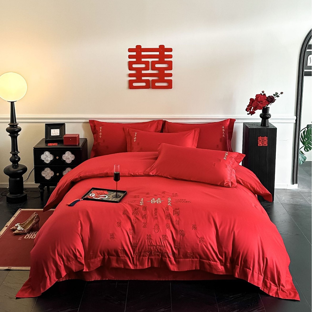 Picture of All-Cotton Wedding Four-Piece Set, Red Double Happiness Long-Staple Cotton Pure Cotton Bedding Wedding Quilt Cover, Wedding Bedding Set with Fitted Sheet