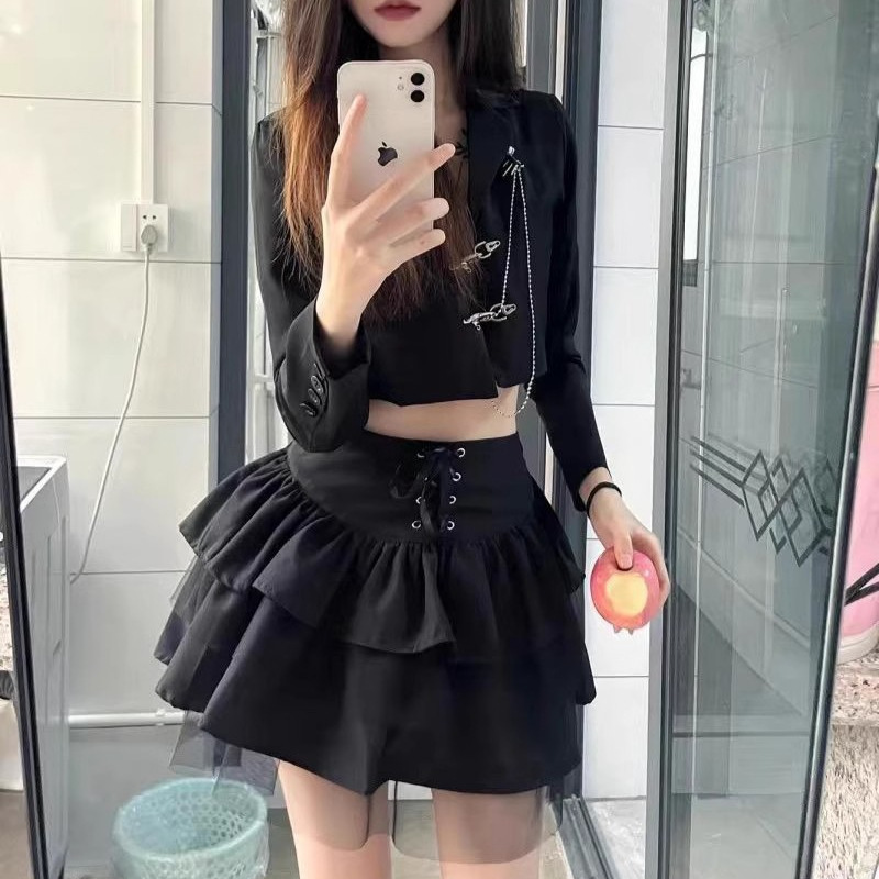 Skirt Women's Spring and Autumn New Ballet Style Puff Short Skirt Waist Mesh Small Black Lace-up Japanese JK