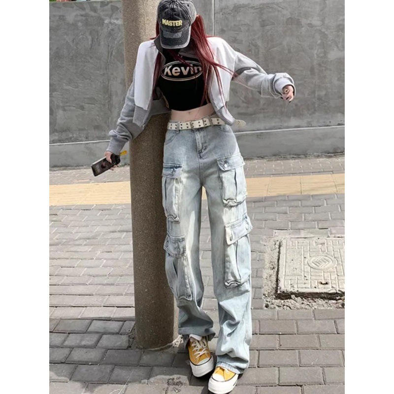 American Style High Street Washed Vintage Pocket Crane Pants 2023 New Jeans Straight Tooling Loose Wide Leg