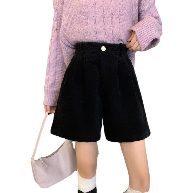 Autumn and Winter Corduroy Shorts for Women Plus Size Fat m Elastic High Waist Slim Outer Wear A-Line Wide Leg Pants Black Casual Boot Pants