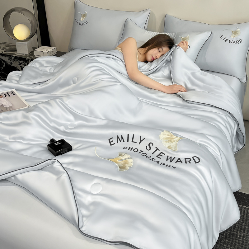 Picture of Washed Ice Silk Summer Quilt Four-piece Solid Color Embroidered Cool Air Conditioned Quilt Summer Gift Summer Quilt Summer Thin Quilt