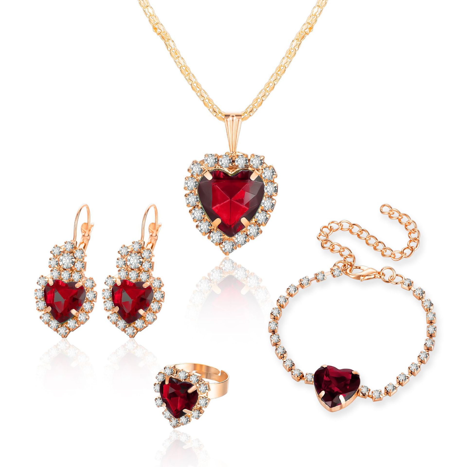 Cross-Border Hot-Selling European and American Ins Heart Rhinestone Necklace Earrings Ring Hand Ornaments Four-Piece Set High-End Bridal Jewelry