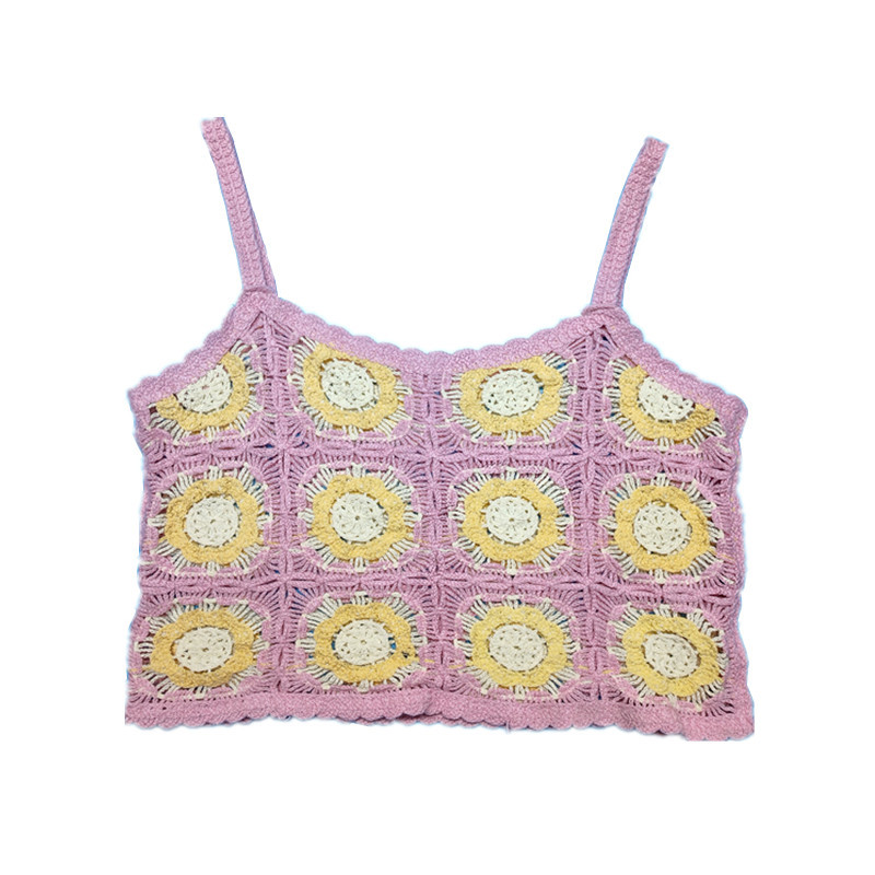 Cross-border Summer Amazon New Hand Hook Knitted Pink Bikini Blouse Knitted Embroidered Swimwear Sling Top