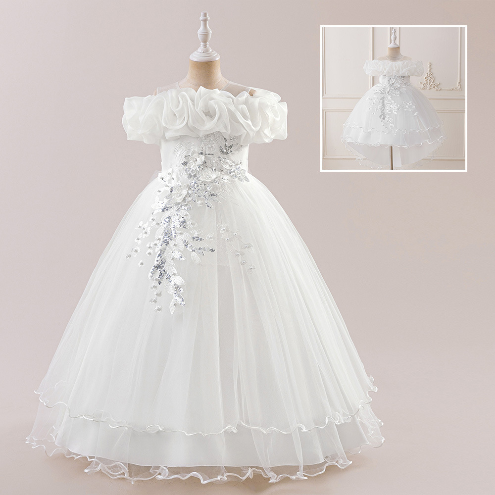Foreign Trade New Long Skirt Dress Girls Piano Performance Dress Mesh Embroidered Beaded Dress Medium and Large Children Princess Dress
