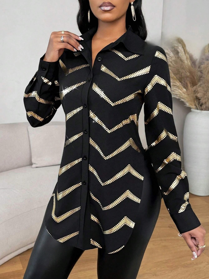 Cross-border Explosions Fashion Casual Front-opening Embossed Printing Black Bronzing Long-sleeved Shirt