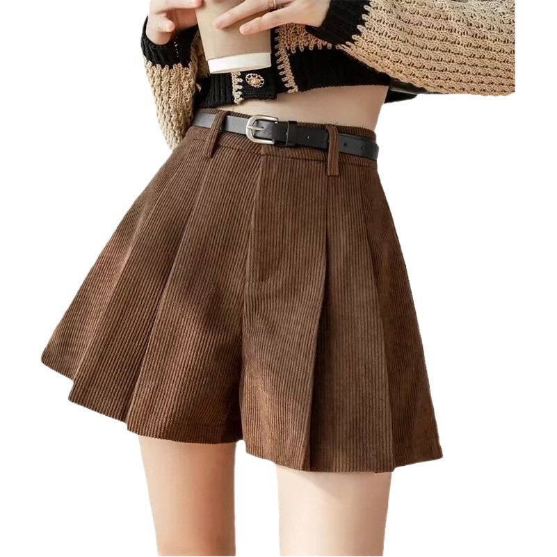Corduroy pleated slimming casual wide-leg shorts women's autumn and winter 2023 new high waist small outer wear boot pants