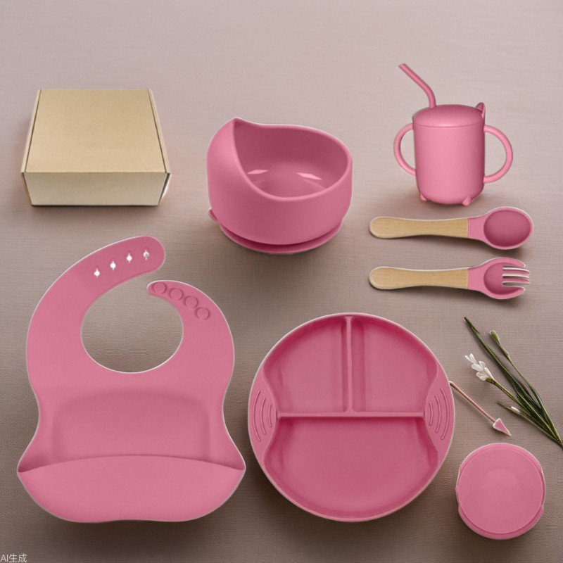 Cross-border two-color children's complementary silicone dinner plate bowl fork spoon bib 7 pieces tableware suit drop-resistant dinner plate suit
