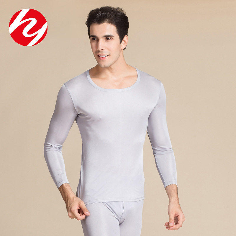 Huaye silk thermal underwear suit men's solid color plus size round neck mulberry silk breathable bottoming long johns wholesale