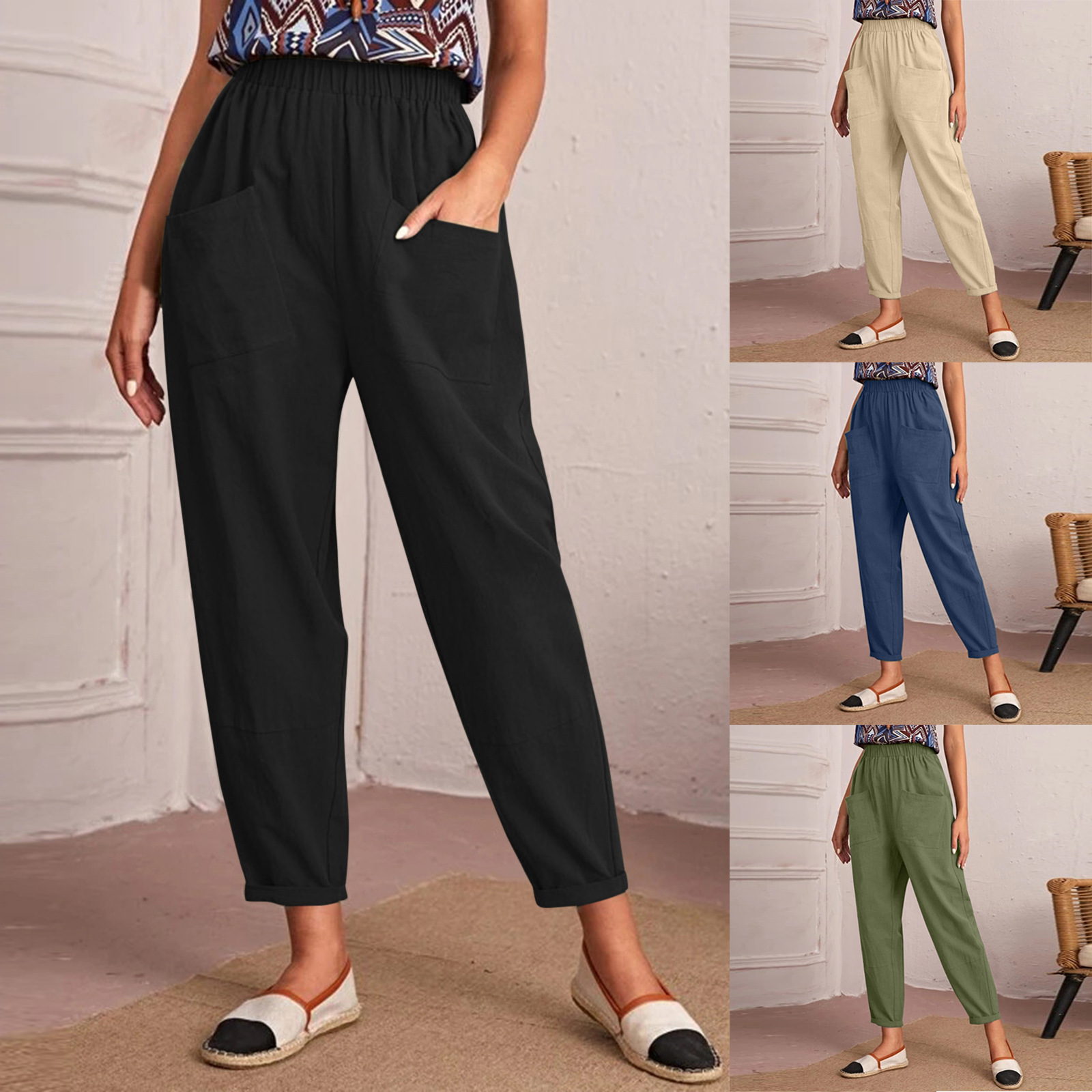in stock 2022 new European and American cross-border Amazon wish elastic waist cotton and linen oblique pocket cropped leggings women's pants