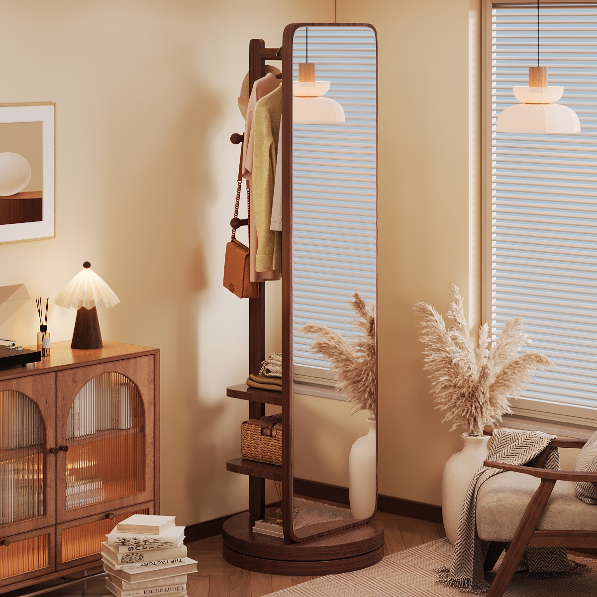 Full-Length Floor Mirror with Integrated Coat Rack, Rotatable and Movable, Suitable for Home Use in Girls' Bedrooms