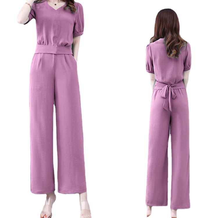 Picture of Popular Set Women's Summer 2022 New Fashion Professional Foreign Temperament Age-reducing Goddess Fan Belly-covered Two-piece Wide-leg Pants
