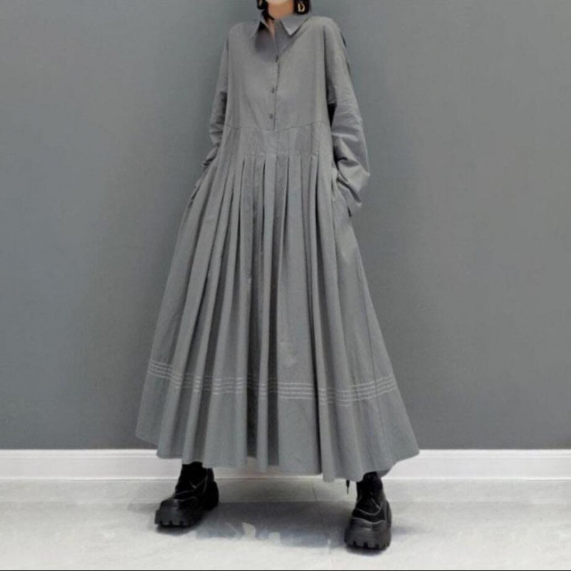 in stock 2024 autumn Japanese style new waist pleated stitching long sleeve dress