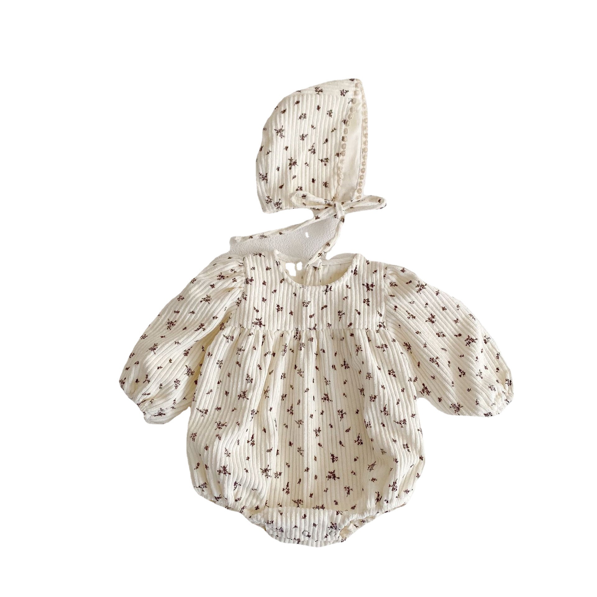 Picture of 2023 Spring and Autumn Baby Girl Corduroy Bubble Small Floral Long-Sleeved Triangle Climbing Suit Baby Girl's Pure Cotton Jumpsuit