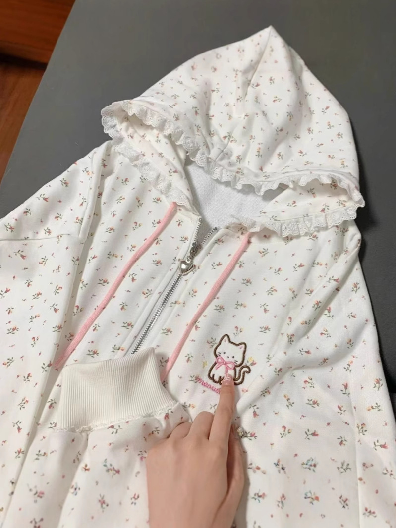 Picture of Thin kitten floral long sleeve zipper sweater hooded coat women's spring and summer Japanese cute cardigan loose top
