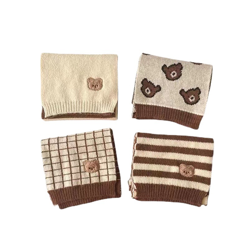 Picture of Children's Woolen Scarf Korean Style Color-Blocked Stripesd Knitted Embroidered Korean Bear Cute Woolen Scarf for Boys and Girls