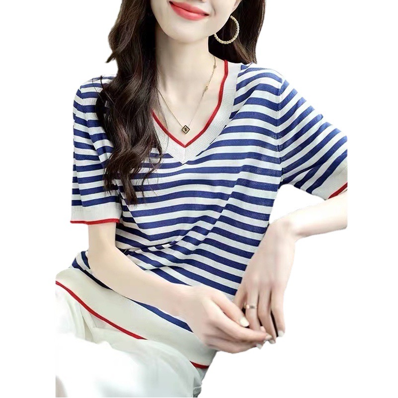 V-Collar Blue and White Contrast Color Knitted T-Shirt Women's Summer Thin Navy Style Striped Short Sleeve Loose All-match Bottoming Top