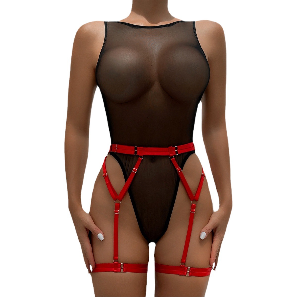 AliExpress 2023 new European and American cross-border jumpsuit sexy mesh underwear color matching garter popular 3309