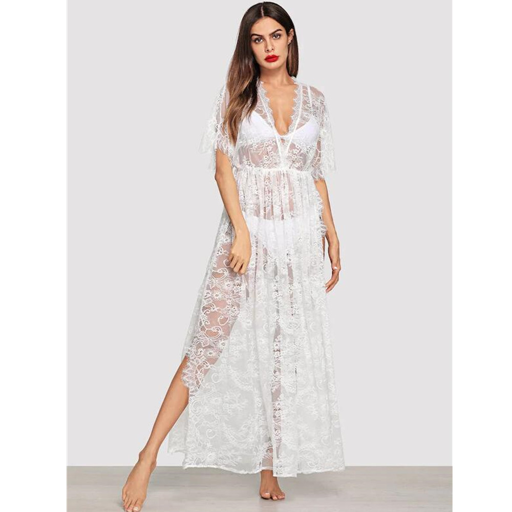 European and American women's lace eyelash perspective sexy underwear V-neck long sleeve sexy pajamas spot a generation of hair