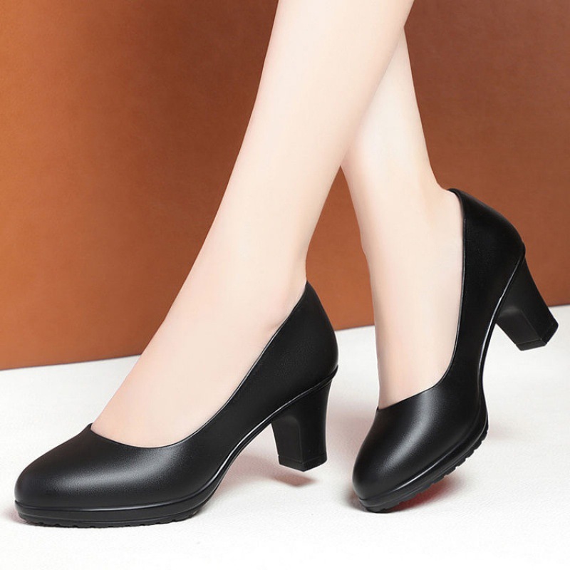 Stewardess Long Station Work Shoes Black Interview Workwear Professional Shoes Soft Bottom Leather Shoes High Heeled Thick Heeled Single Shoes Women's Shoes Summer
