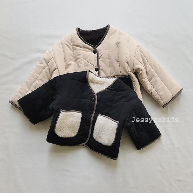 Korean style children's fashion lamb wool double-sided winter coat boys and girls contrast color single-breasted round neck thickened cotton-padded coat