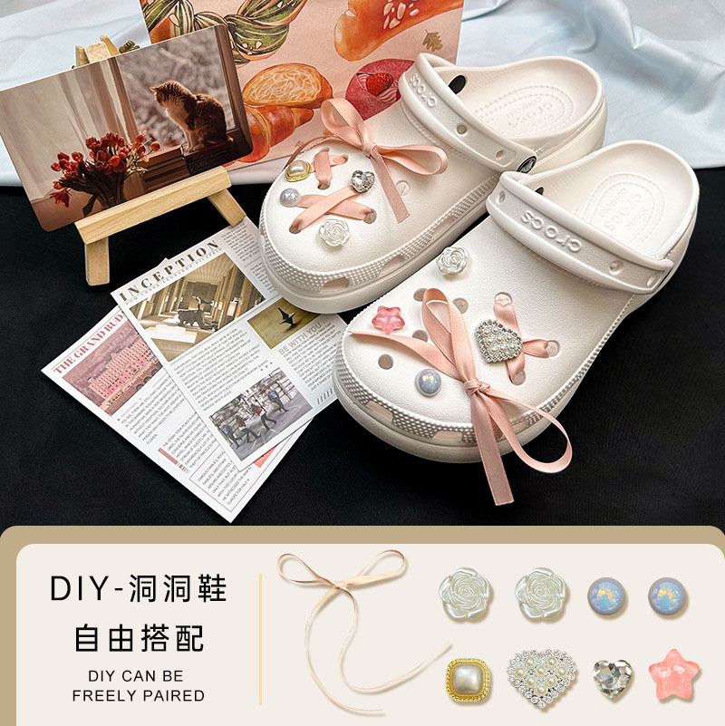 [first series] bow hole shoe buckle accessories cute shoe flower pink hole shoe buckle decoration accessories