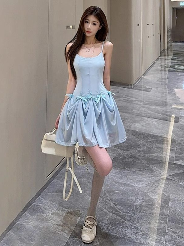 Pure Lusty Hot Girl Blue Bow Suspender Dress Design, One Skirt, Multi-Wear, Sexy Waist Slimming Short Skirt