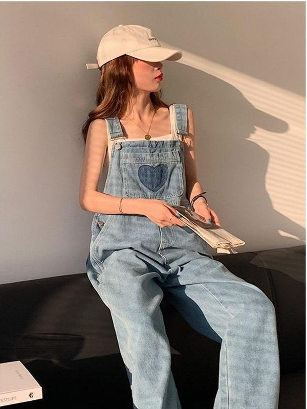 Age-reducing Love Jeans Women's 2023 Spring and Autumn New High Waist Loose Slimming Cute Straight Leg Wide-leg Strap Pants