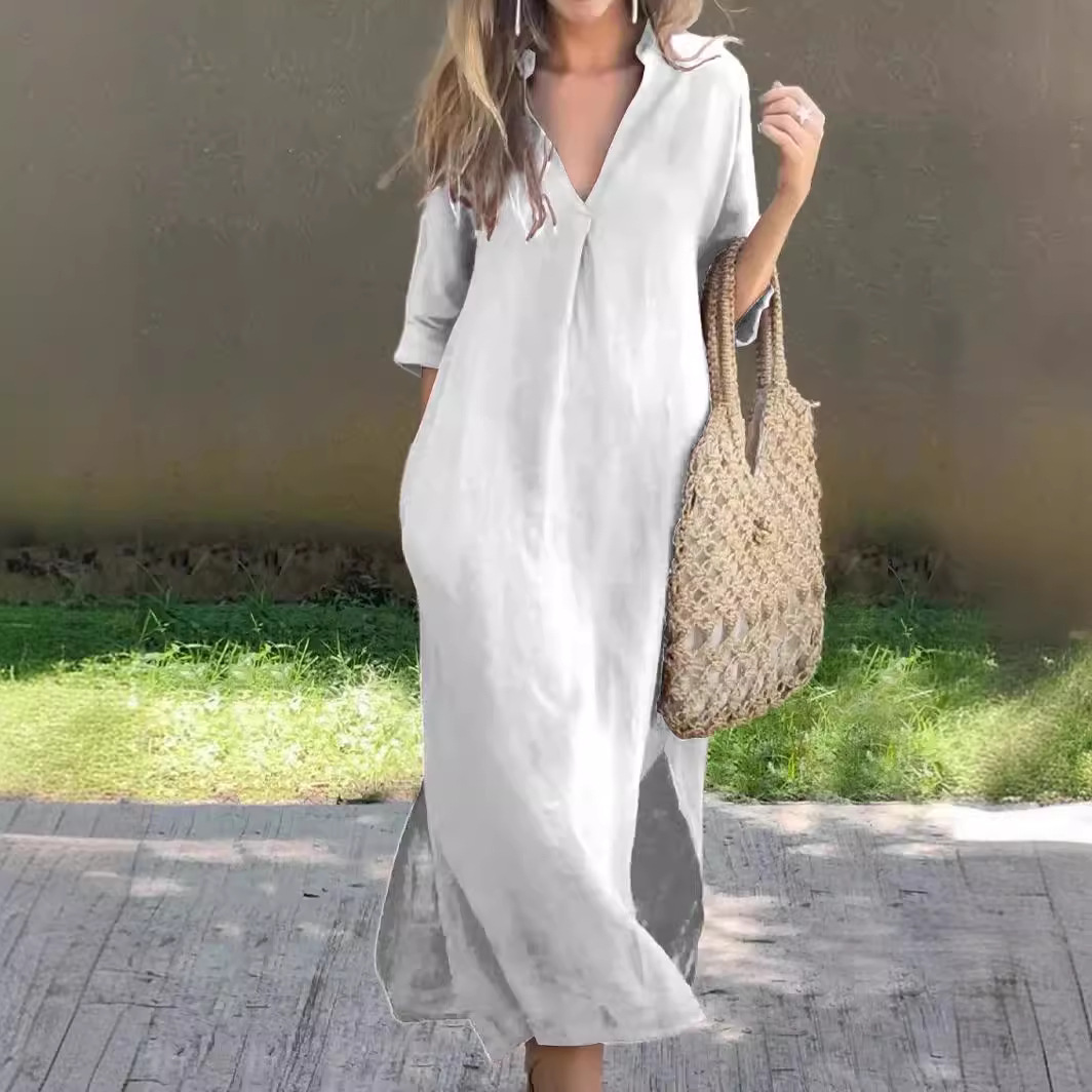 Picture of Amazon independent station cross-border cotton and linen women's summer explosions on both sides of the slit V-neck 7 sleeve chest pleated dress