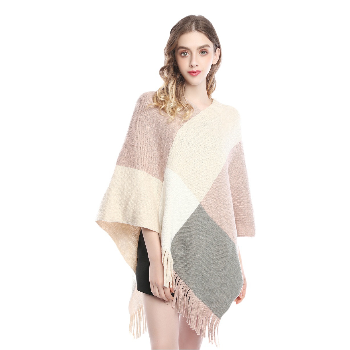 European and American fashion women's clothing contrast color stitching shawl Cape sweater autumn and winter pullover bat shirt sweater coat