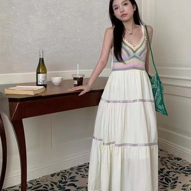 2024 women's ethnic style sling hollow stitching dress new holiday style travel strap skirt fashion